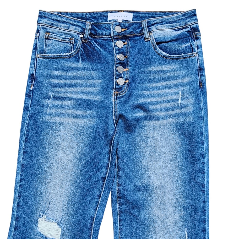 Risen Jeans Womens 11/30 Blue Button Fly Flare Distressed Denim - Picture 3 of 11